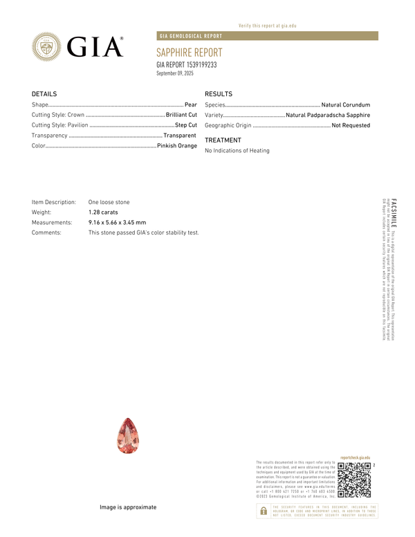 1.28 ct Pear Cut Padparadscha Sapphire GIA Unheated Gem