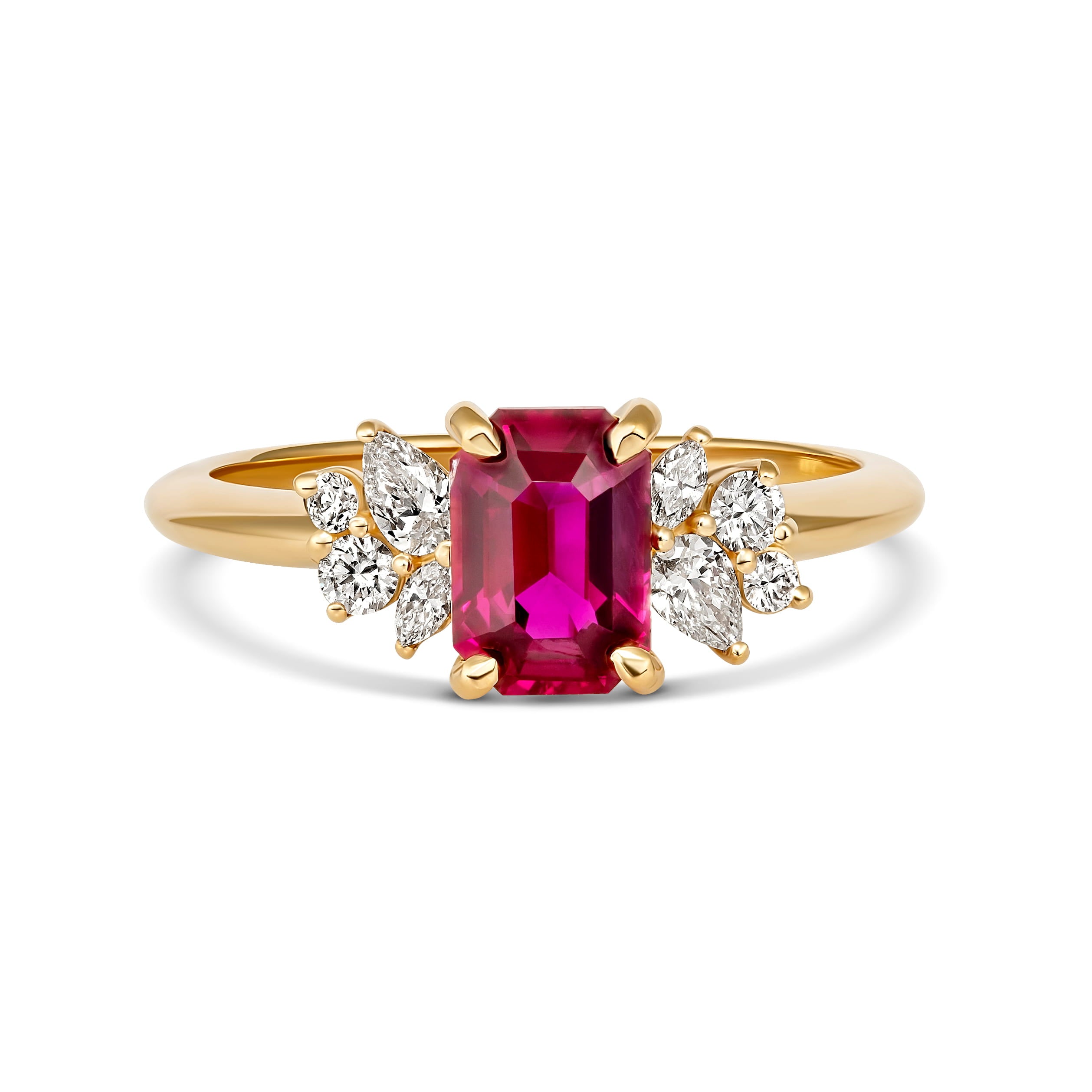 Frontal studio shot of an emerald cut red ruby ring flanked by asymmetric diamond clusters