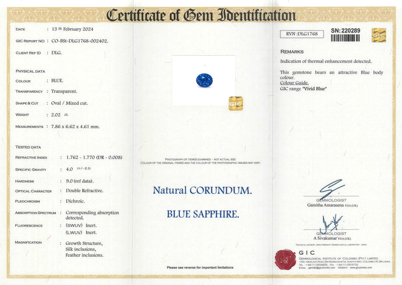 2.02 ct Vivid Blue Sapphire Oval Natural Heated Gemstones