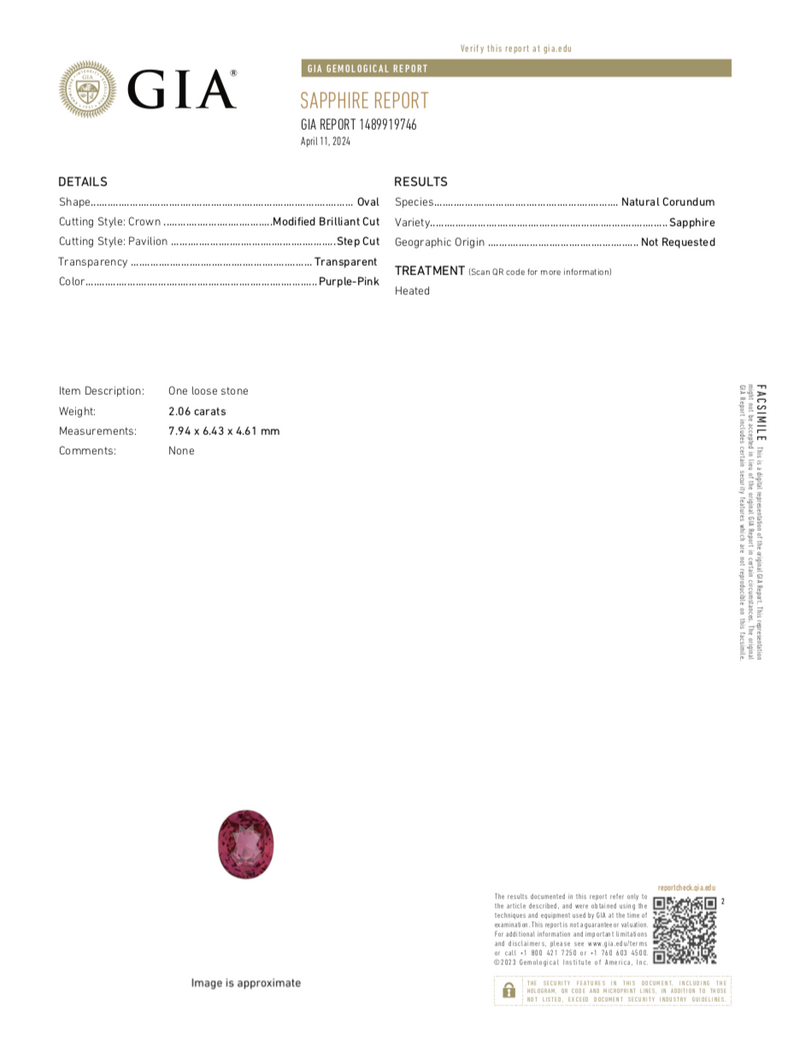 2.06 ct Purplish Pink Sapphire GIA Certified Heated