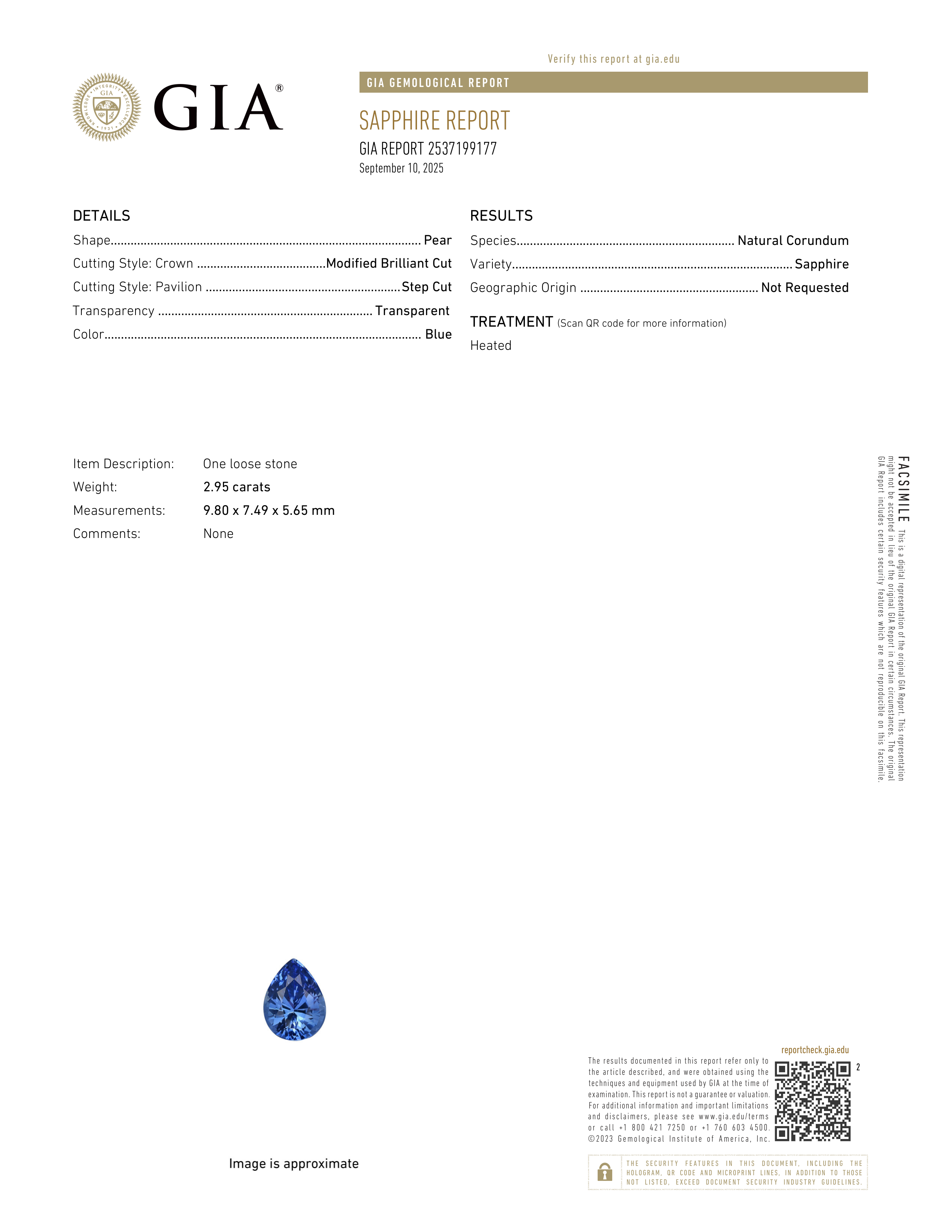 2.95 ct Blue Pear Cut Natural Sapphire GIA Heated Gem