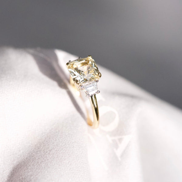 Yellow Sapphire Diamond Trapezoid Trilogy Engagement Ring