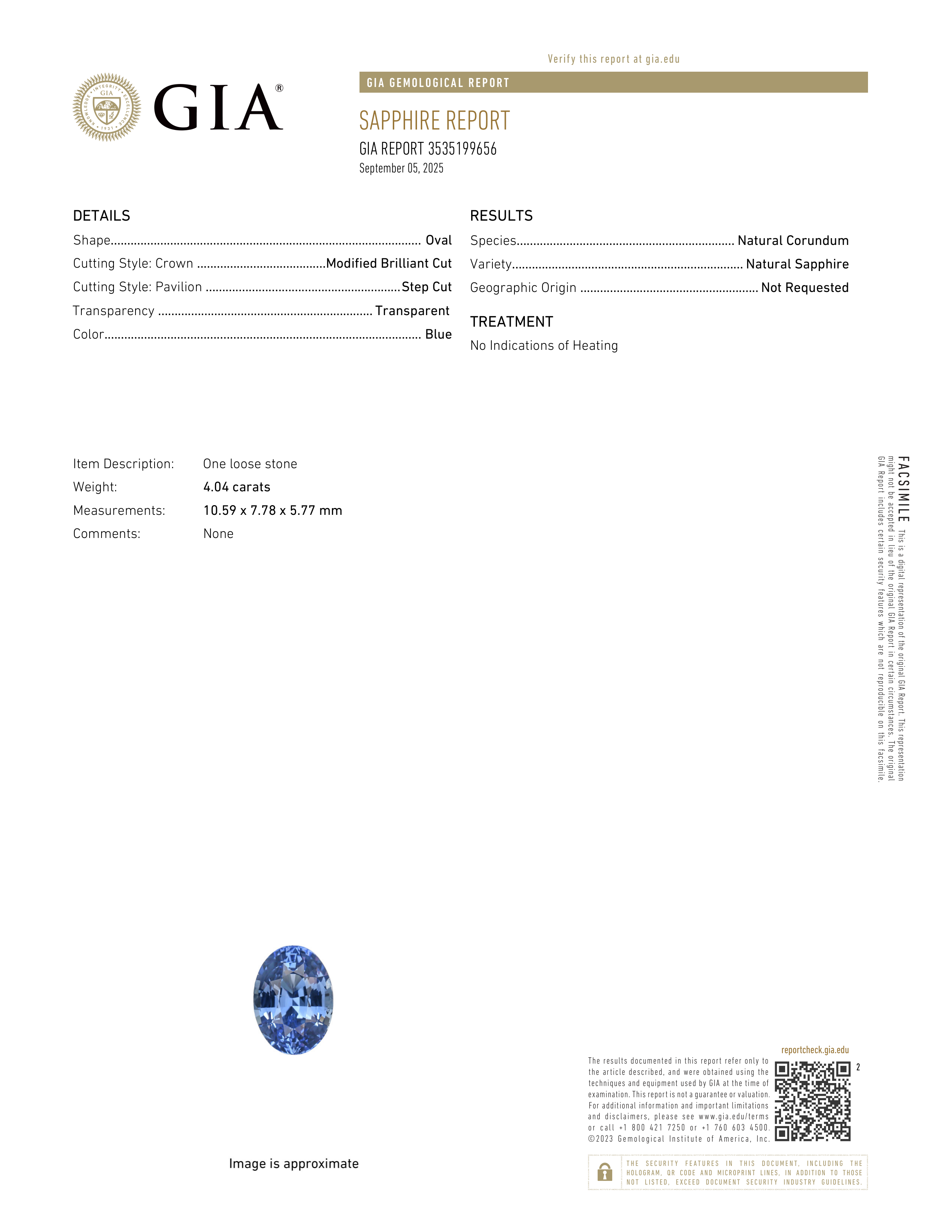 4.04 ct Blue Oval Cut Natural Sapphire GIA Unheated Gem