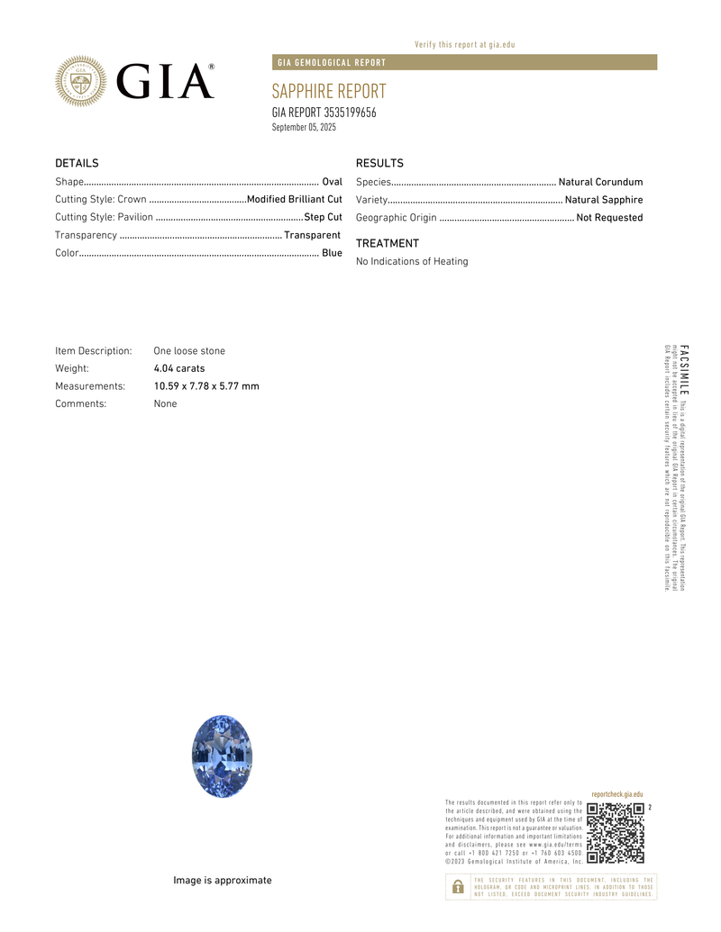 4.04 ct Blue Oval Cut Natural Sapphire GIA Unheated Gem