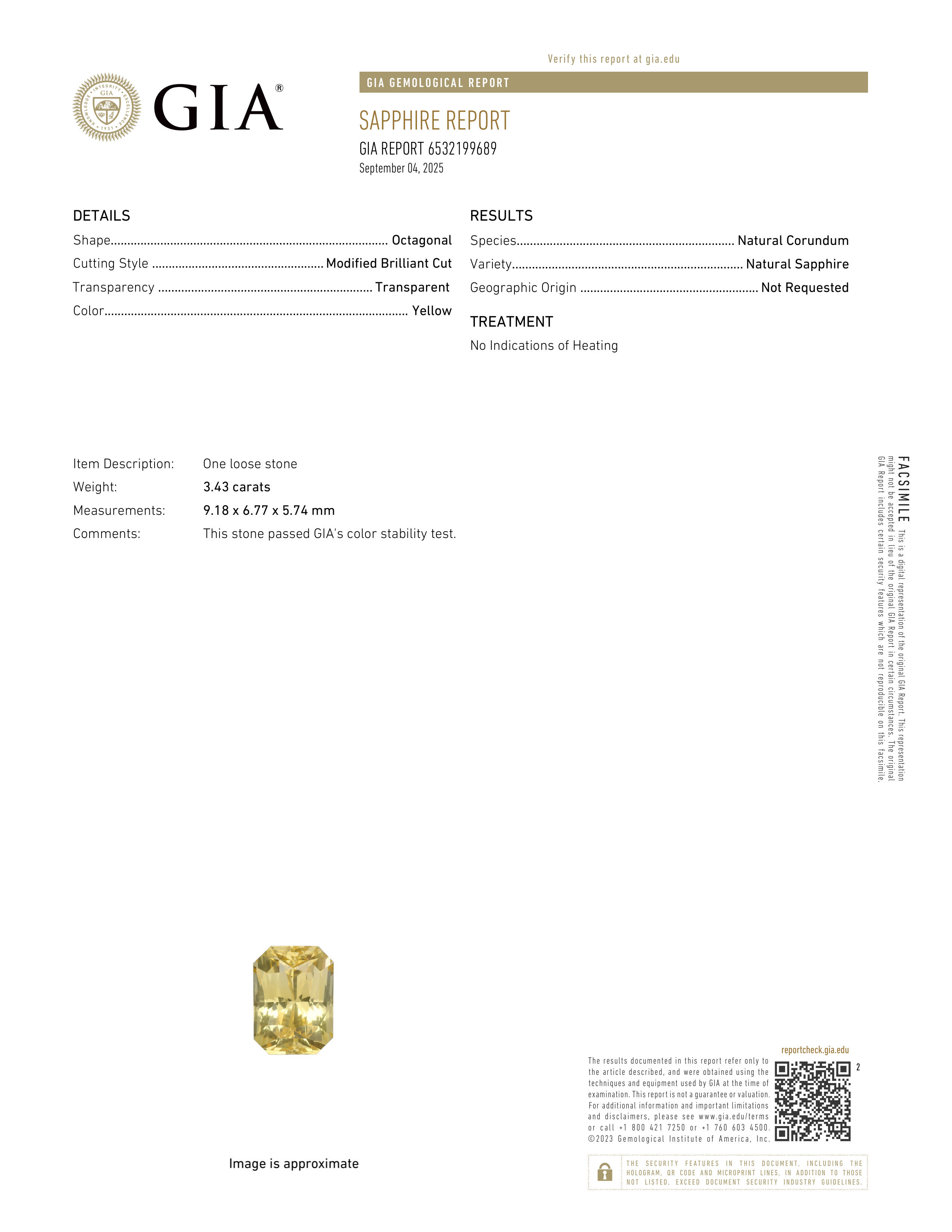 3.43 ct Yellow Radiant Cut Sapphire GIA Unheated Sri Lanka Gemstone