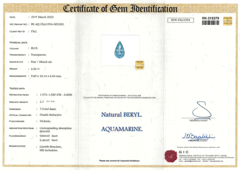 4.56 ct Aquamarine Pear Shape Natural Certified