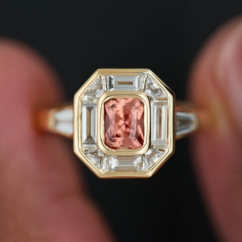 Padparadscha sapphire art deco ring