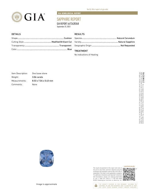 3.06 ct Cornflower Blue Sapphire Cushion Natural Unheated GIA Certified