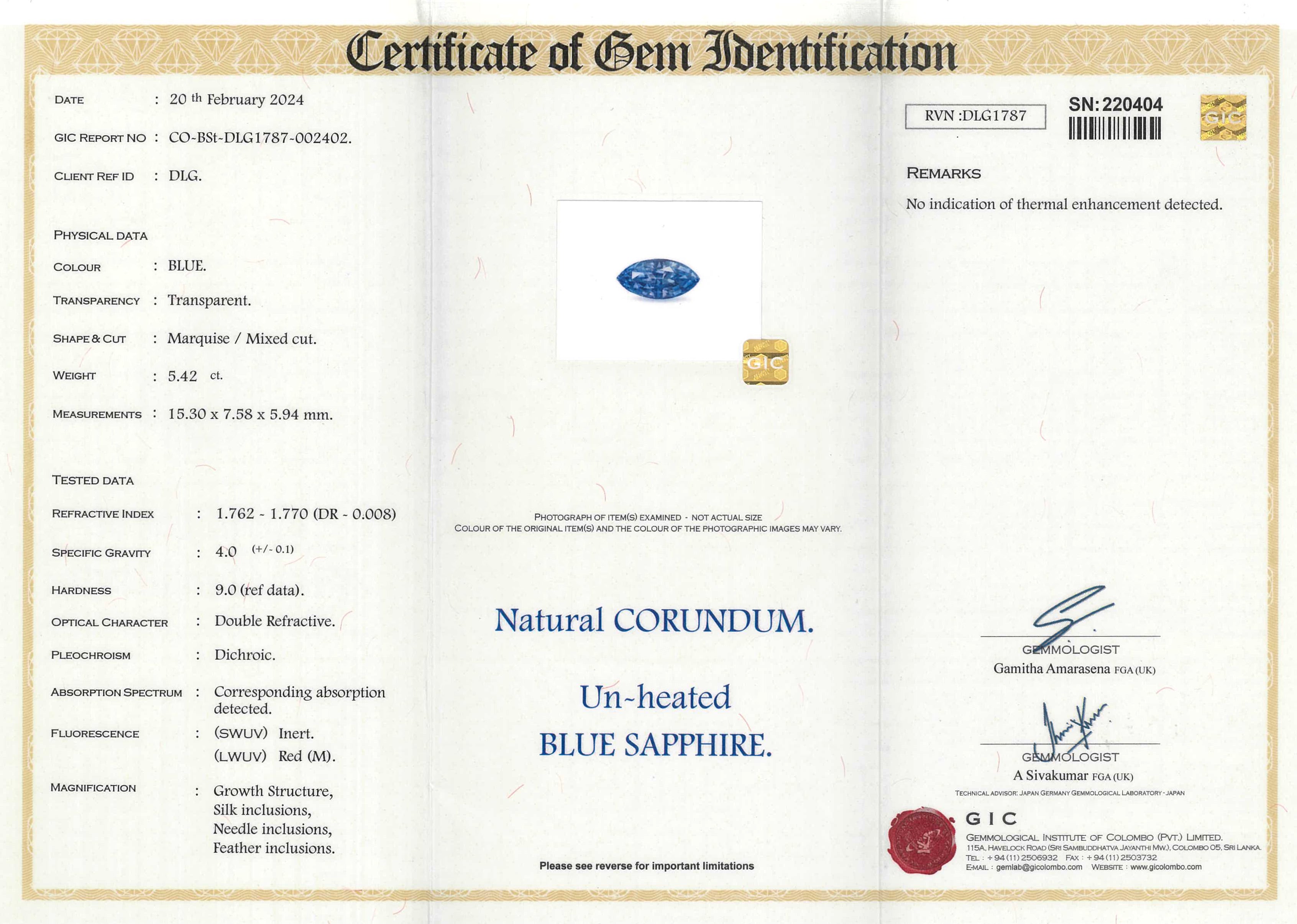 5.42 ct Blue Sapphire Marquise Natural Unheated