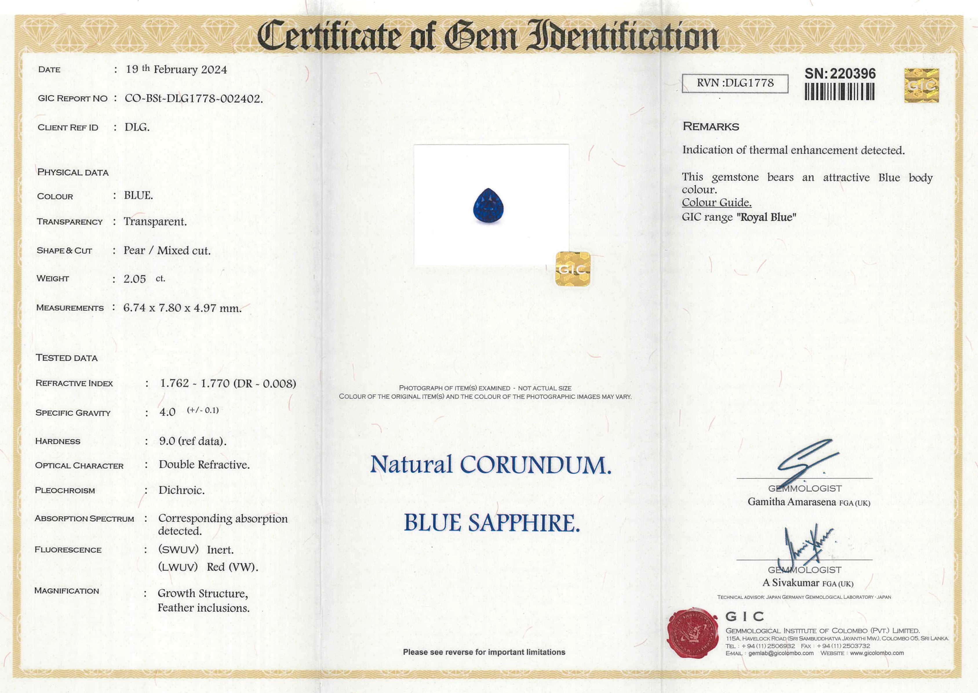 2.05 ct Royal Blue Sapphire Pear Natural Heated
