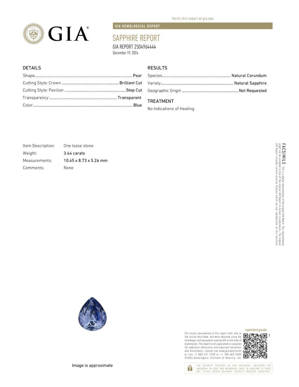 3.44 ct Blue Sapphire Pear GIA Certified Unheated Gems