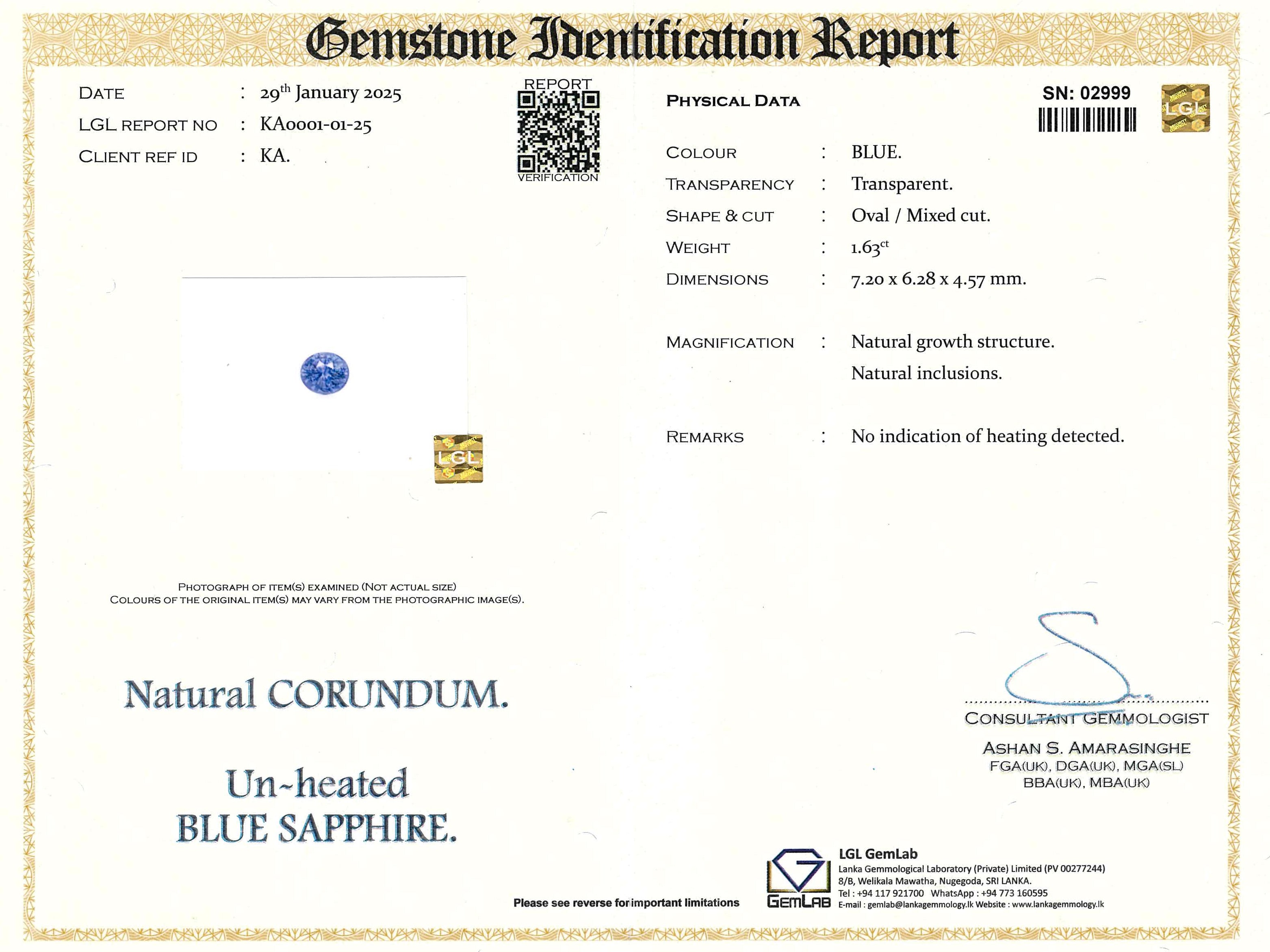 cert 1.63 ct Blue Sapphire Oval Unheated Natural