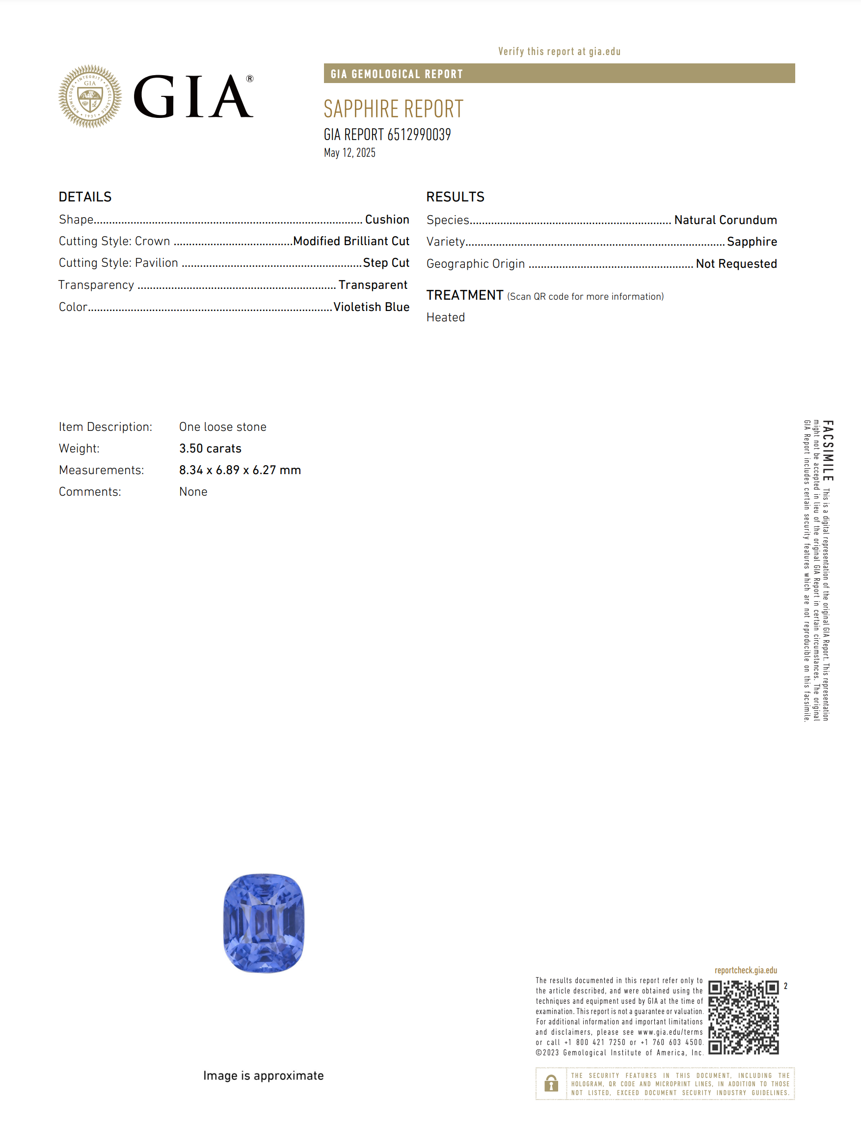 3.50 ct Vivid Blue Ceylon Sapphire Cushion Cut Heated GIA Certified Gem