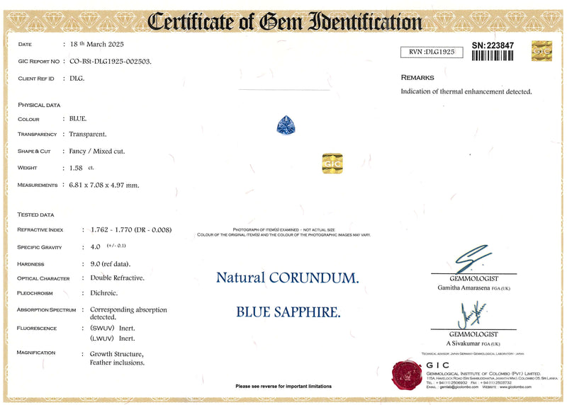 1.58 ct Blue Trillion Sapphire Heated Gem