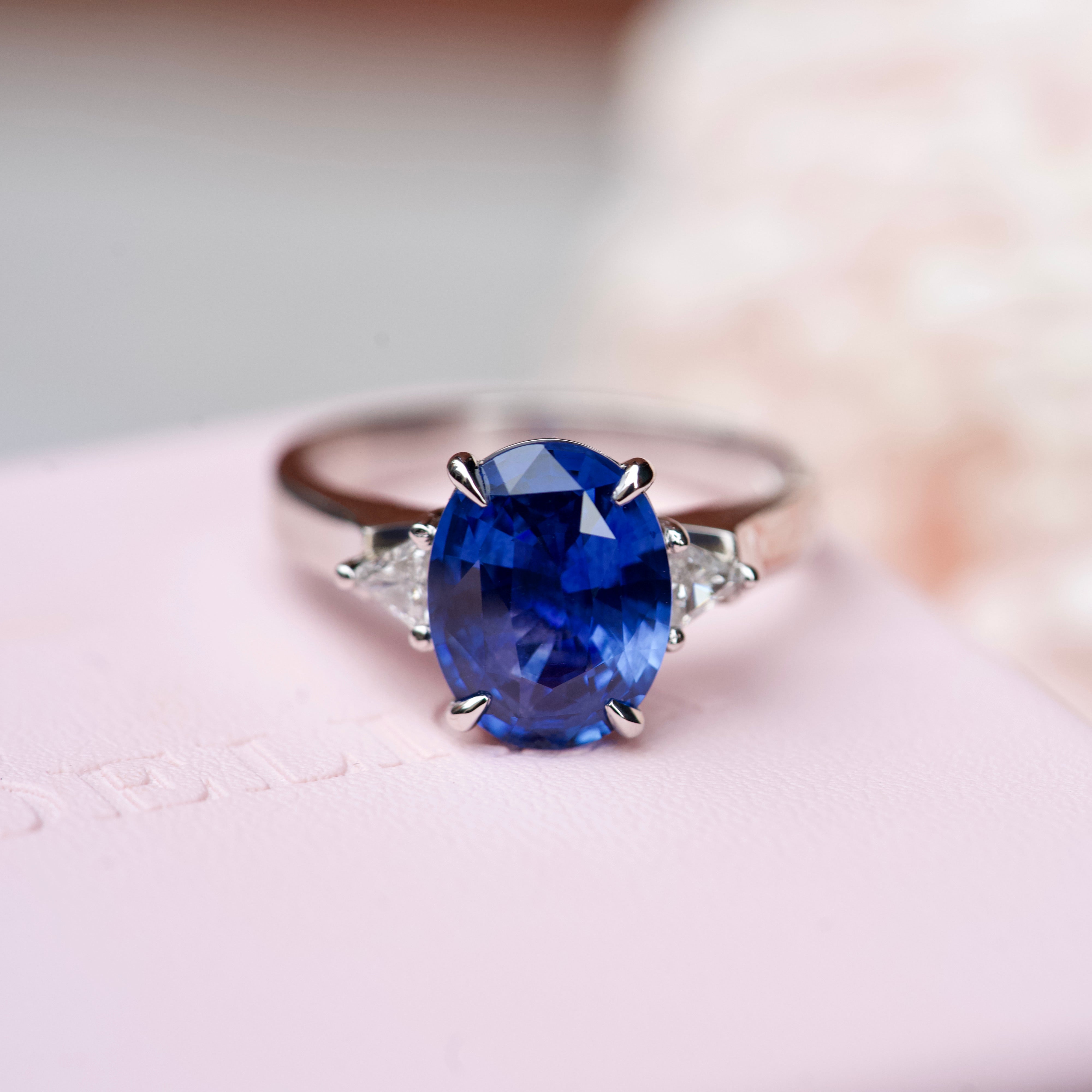 Ceylon Blue Sapphire Diamond Trilogy Platinum Ring 5.02 ct