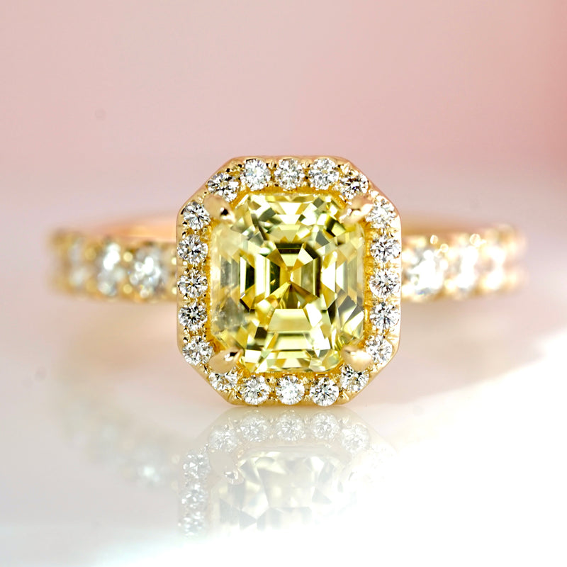 Yellow Sapphire Diamond Halo Engagement Ring on 18k Yellow Gold