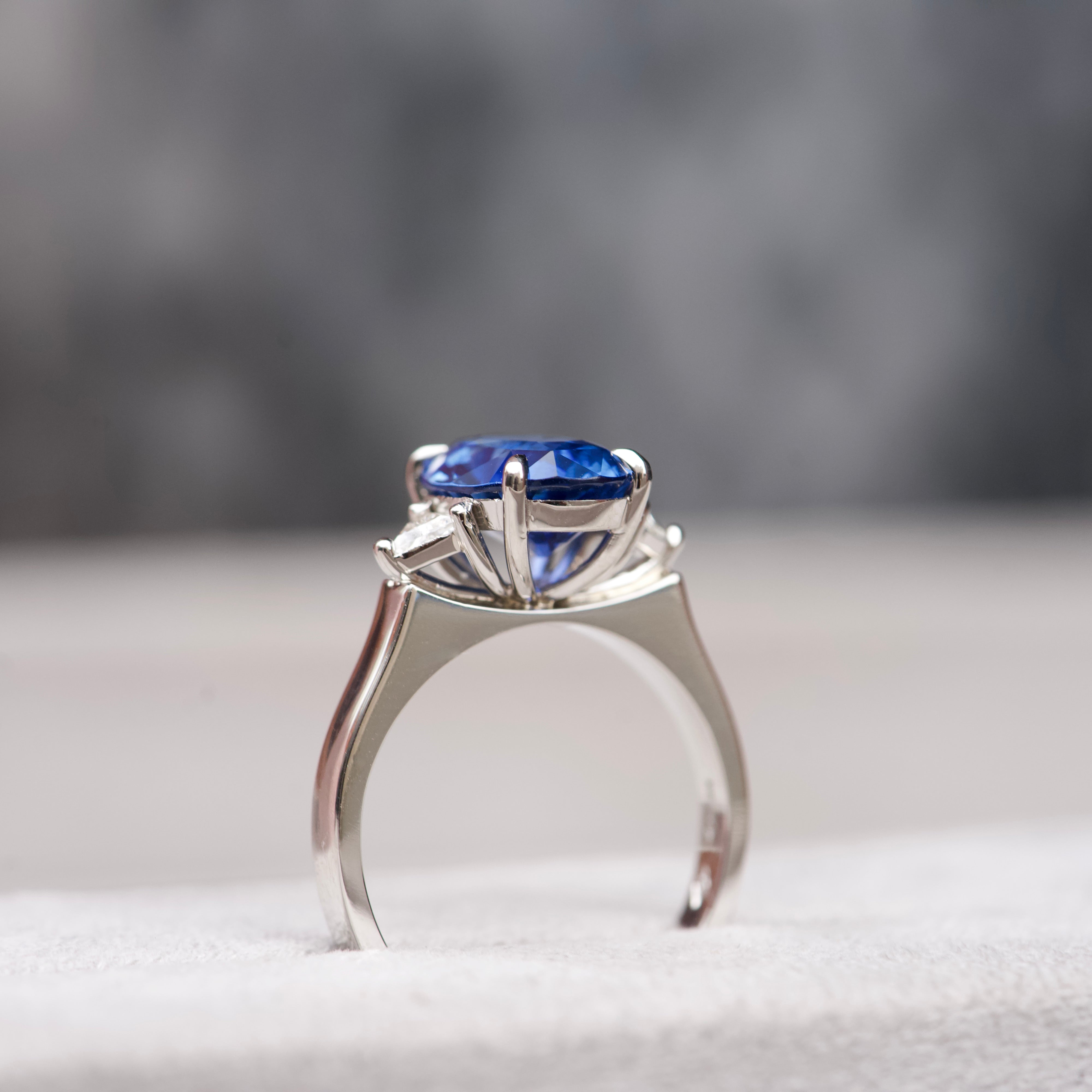 Ceylon Blue Sapphire Diamond Trilogy Platinum Ring 5.02 ct