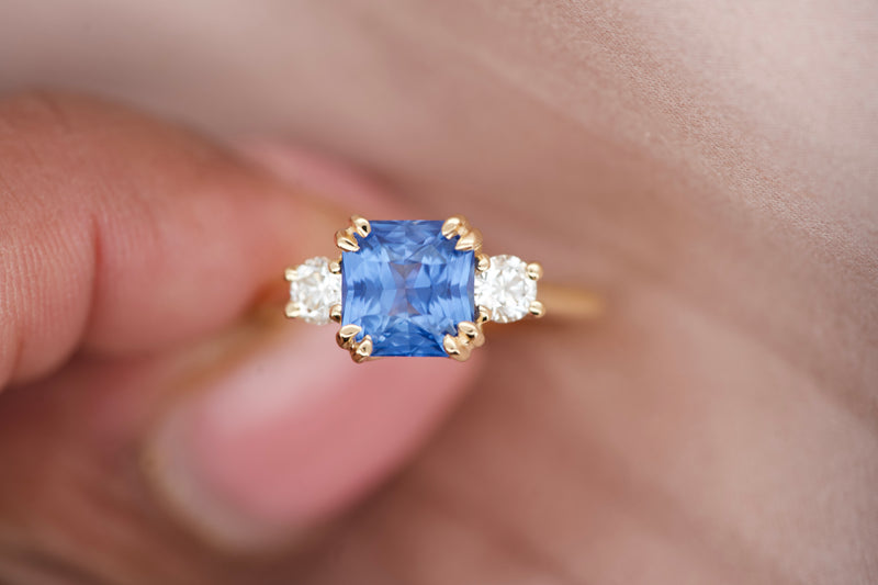 Radiant Cut Blue Sapphire Diamond Three Stone Engagement Ring