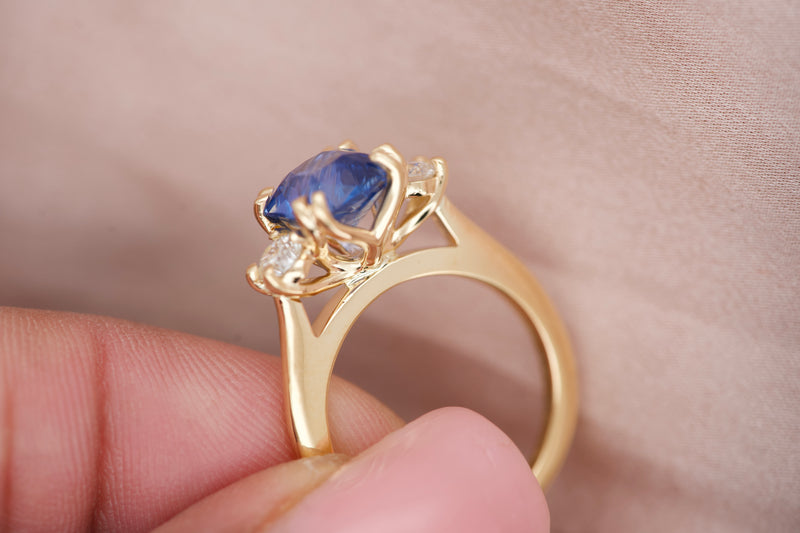 Radiant Cut Blue Sapphire Diamond Three Stone Engagement Ring