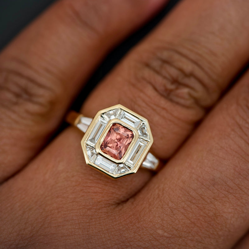 Padparadscha sapphire art deco ring