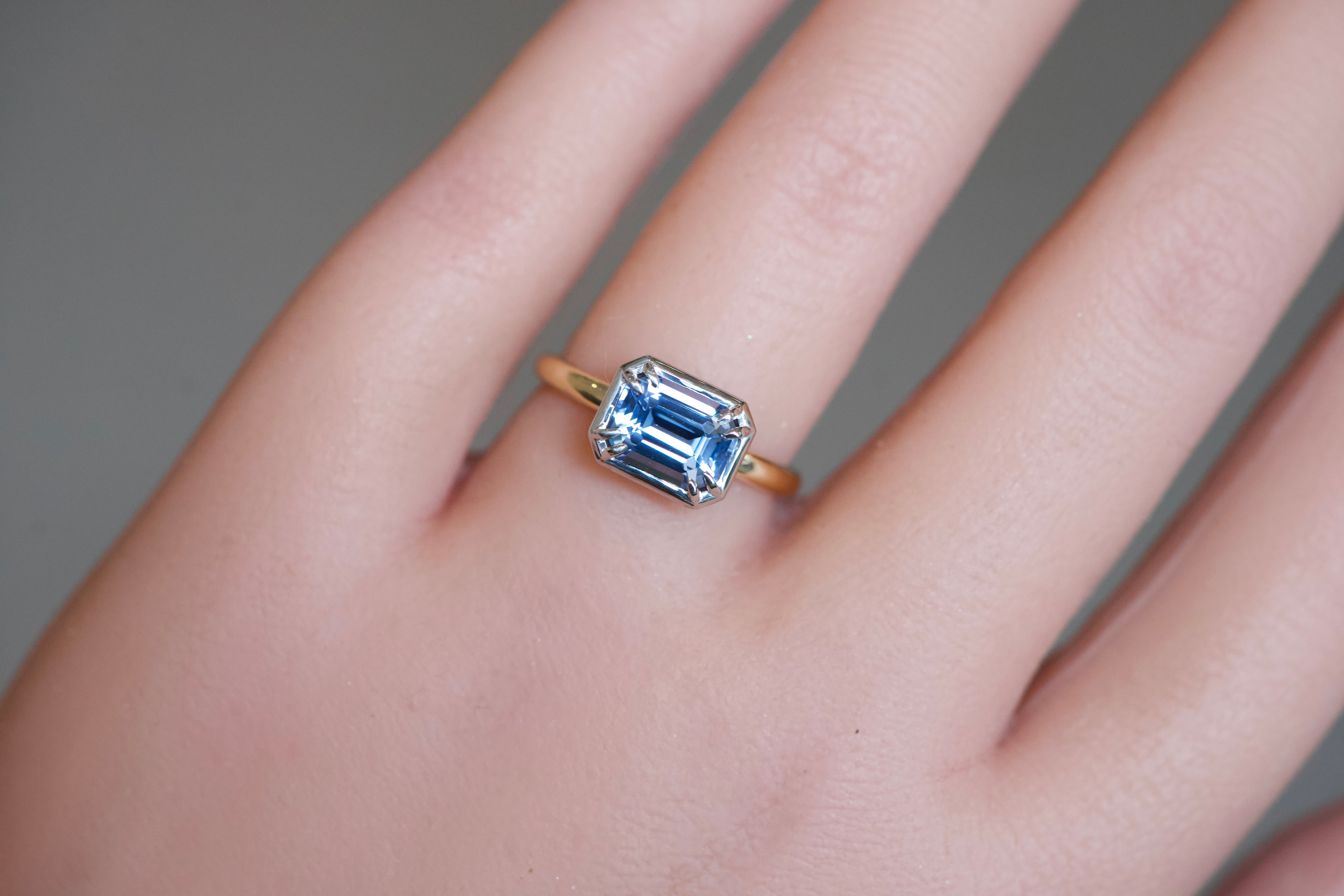 Unheated Emerald Cut Blue Sapphire Two-Tone Engagement Ring