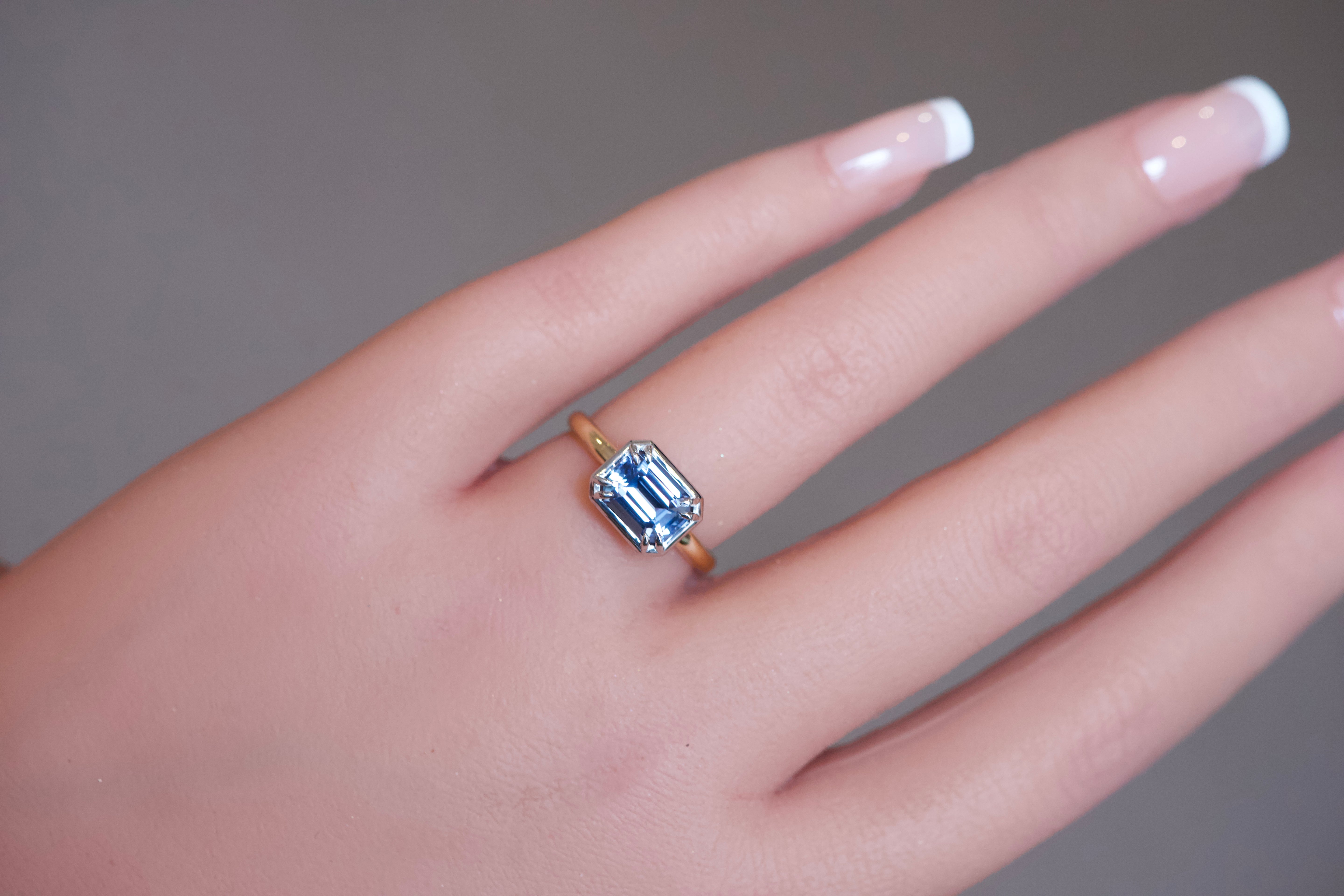 Unheated Emerald Cut Blue Sapphire Two-Tone Engagement Ring
