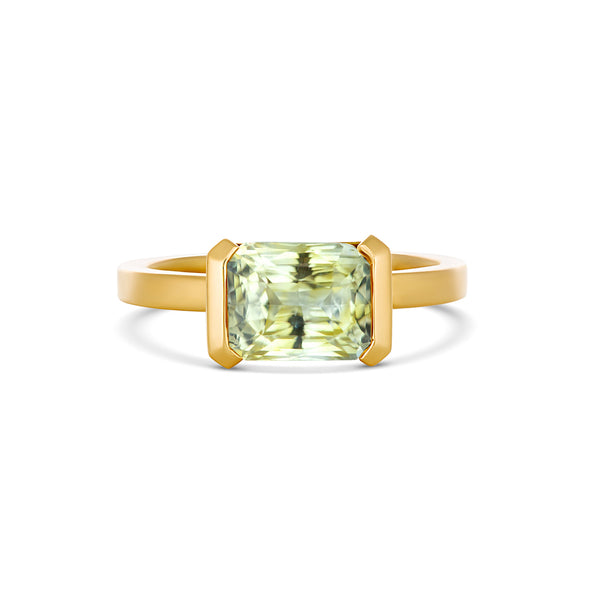 East West Half Bezel Set Sapphire Ring Greenish Yellow Sapphire