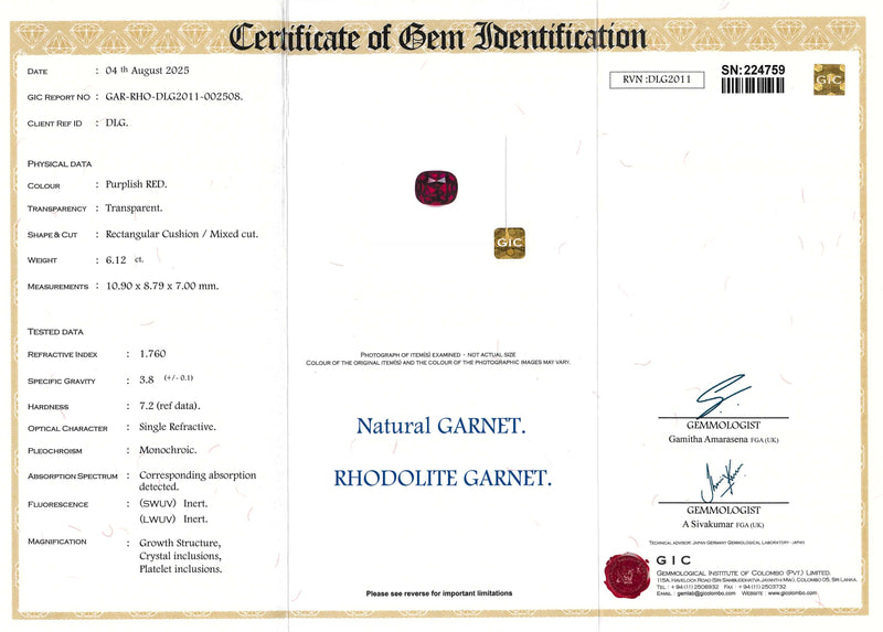 6.12 ct Purplish Red Cushion Ceylon Garnet Gem