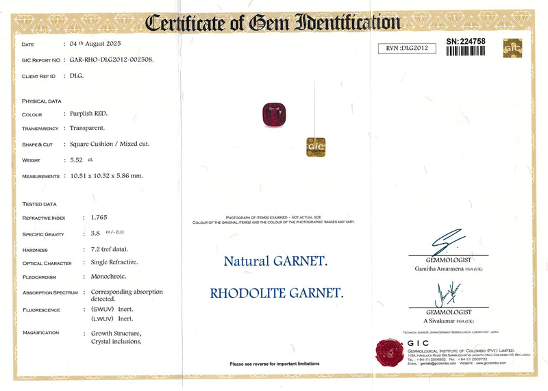 5.52 ct Purplish Red Square Cushion Ceylon Garnet Gemstone