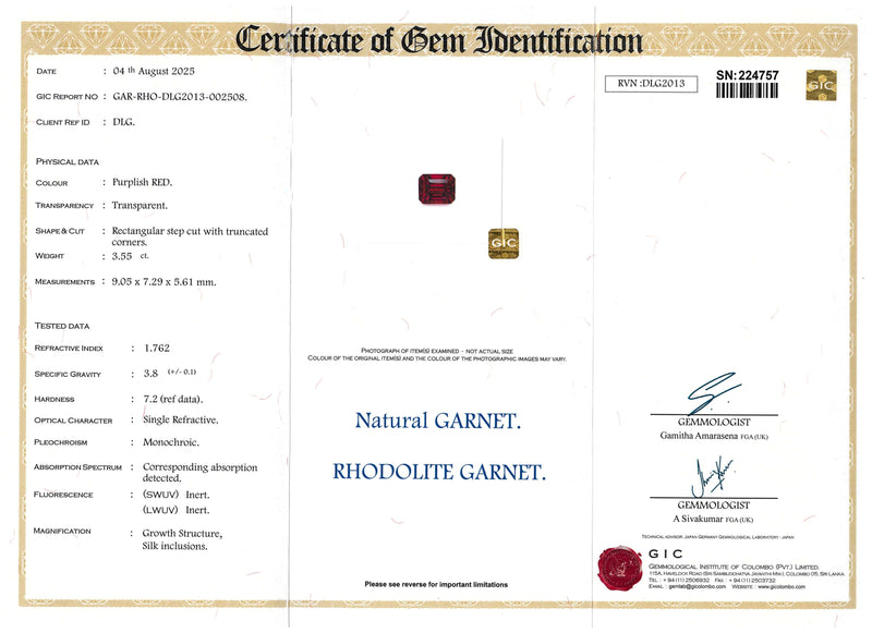 7.01 ctw Purplish Red Emerald Cut Ceylon Garnet Gem