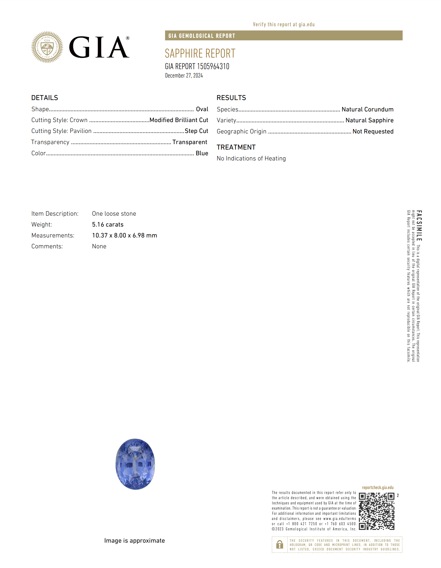 5.16 ct Cornflower Blue Oval Ceylon Sapphire Unheated GIA Certified