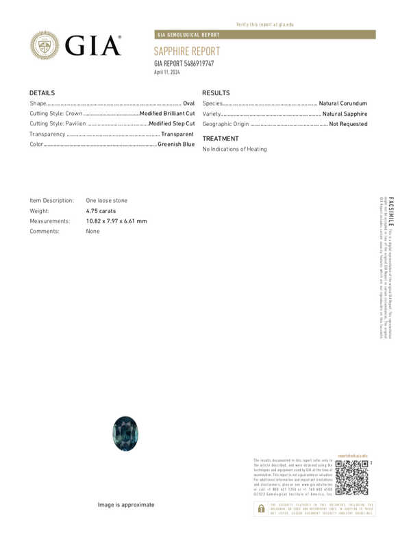 4.75 ct Teal	Sapphire	Oval	Natural	Unheated GIA Certified