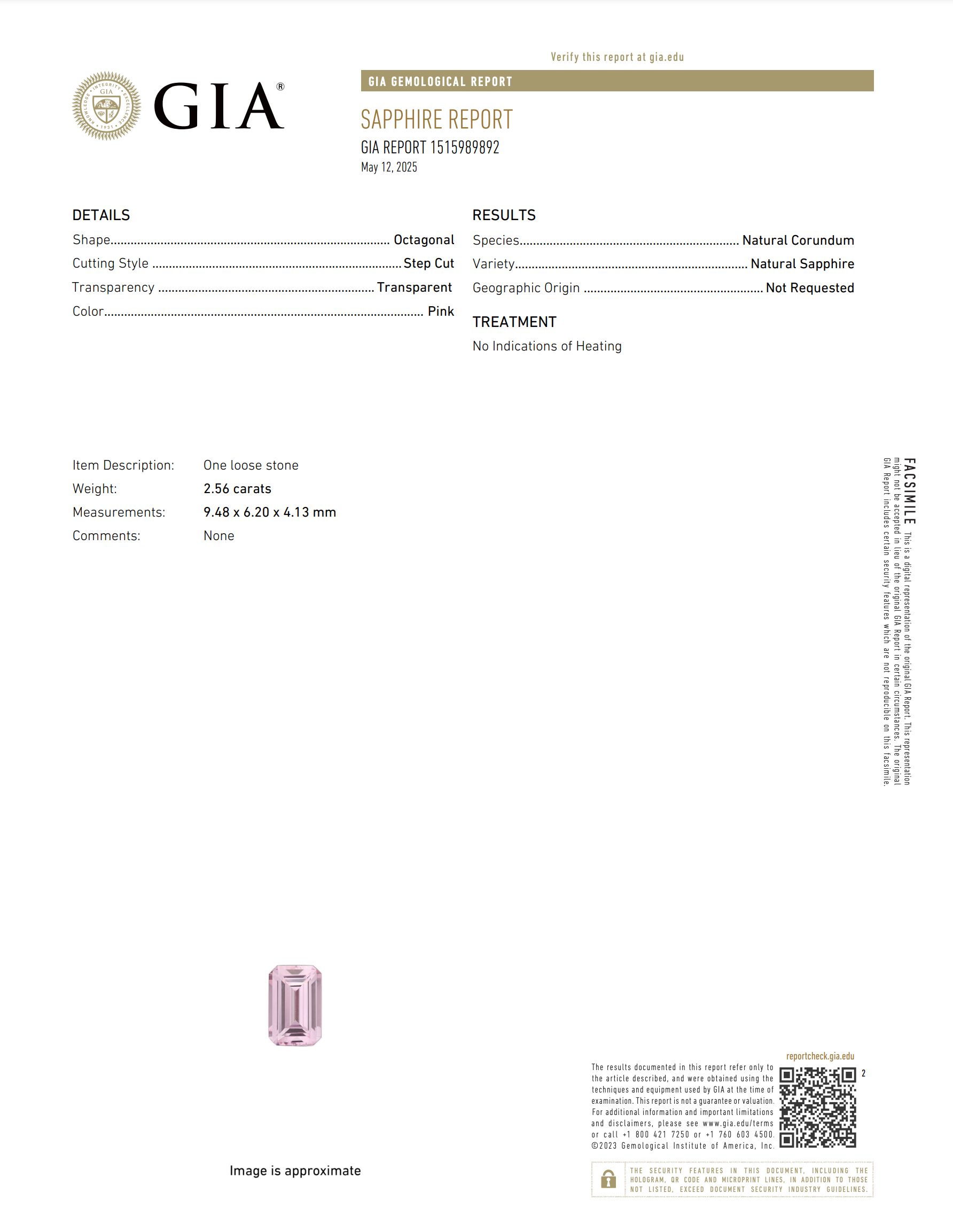 2.56 ct Ceylon Pink Sapphire Emerald Cut GIA Unheated Natural Gemstone