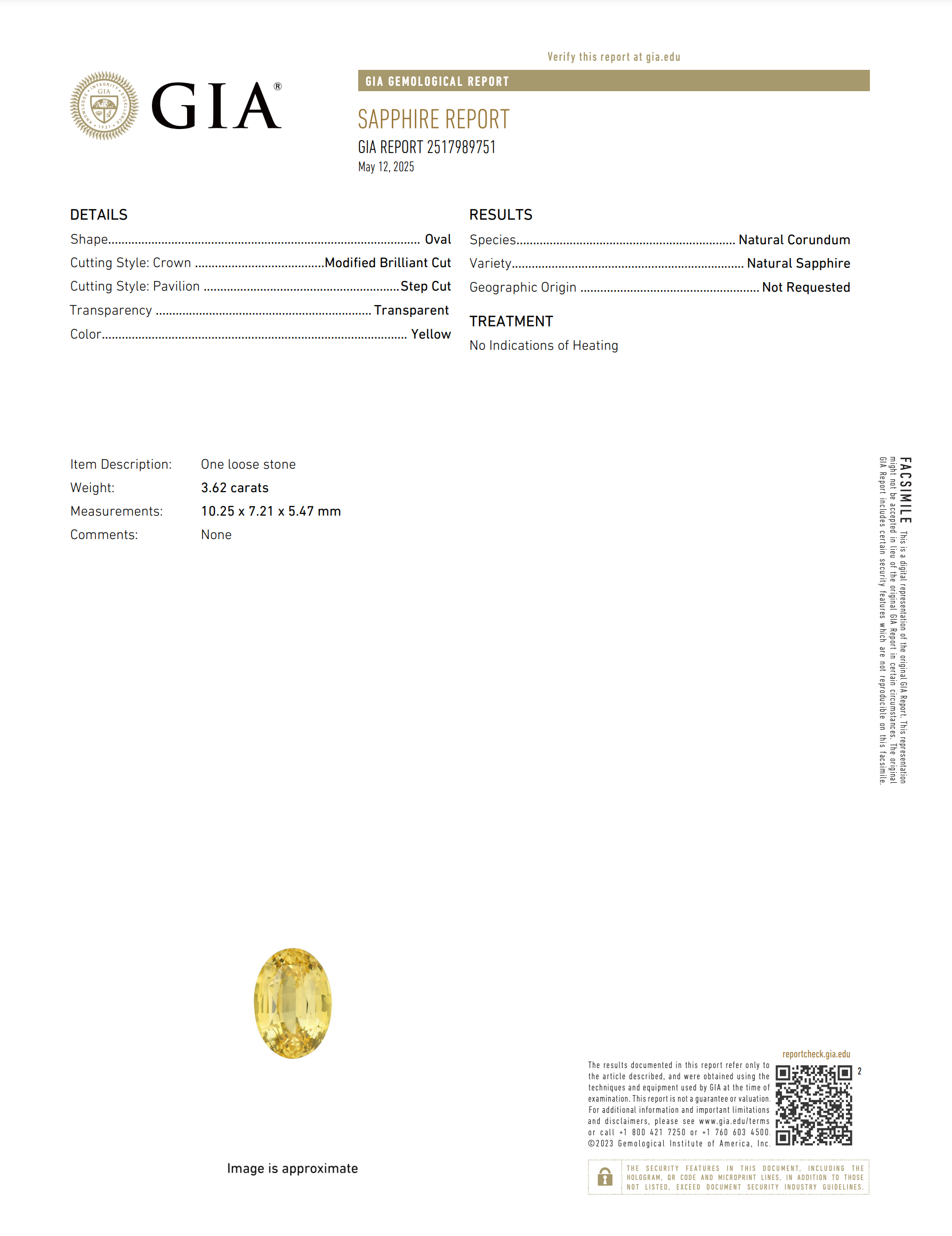 3.62 ct Vivid Yellow Sapphire Oval Shape Natural GIA Unheated