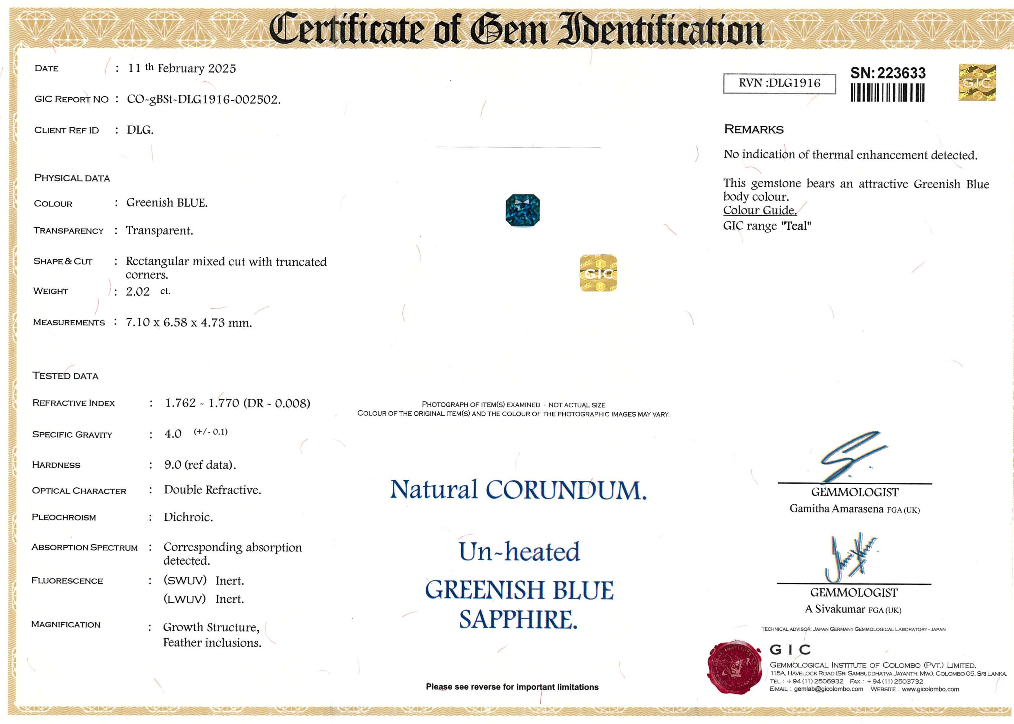 teal natural sapphire in radiant cut certificate