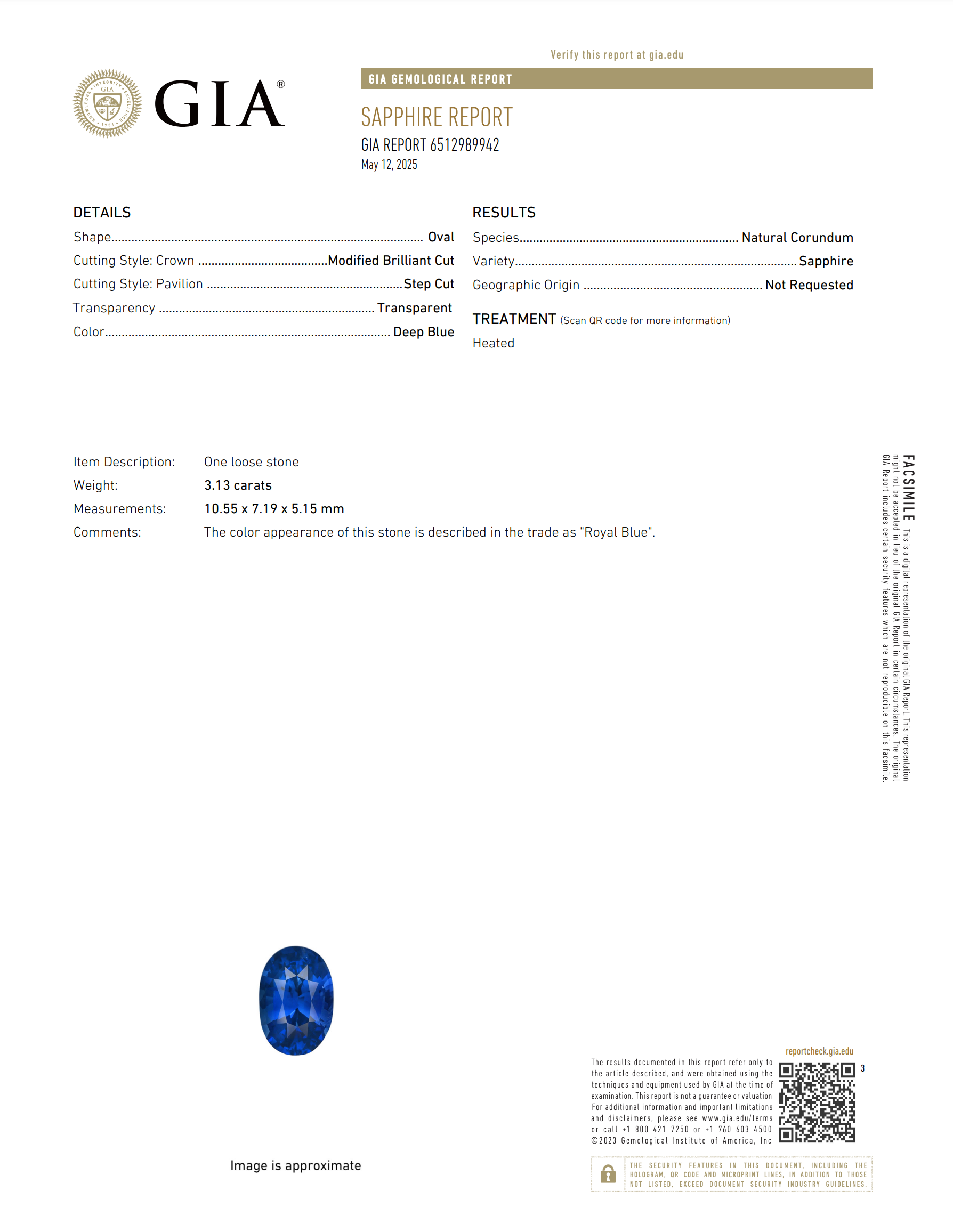 3.13 ct Royal Blue Oval Sapphire GIA Heated Gem Sri Lanka