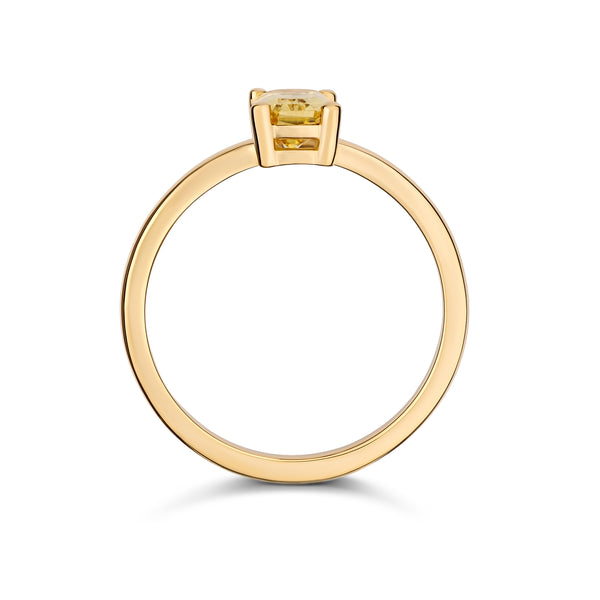 Emerald cut yellow sapphire ring in 18k gold, side view