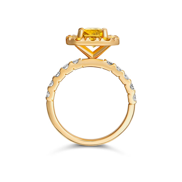 Ceylon yellow sapphire and diamond halo ring