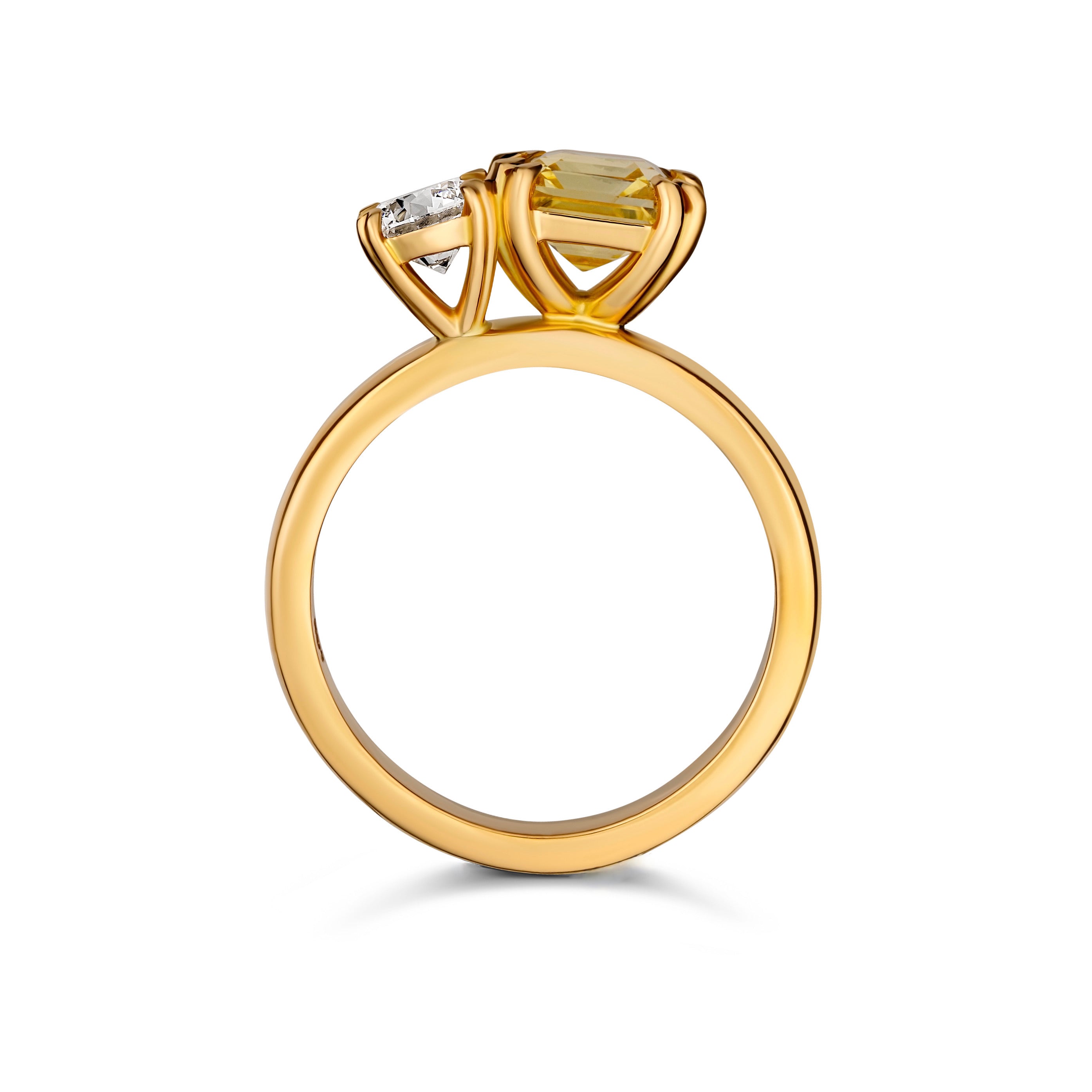 Yellow sapphire diamond two stone ring in yellow gold