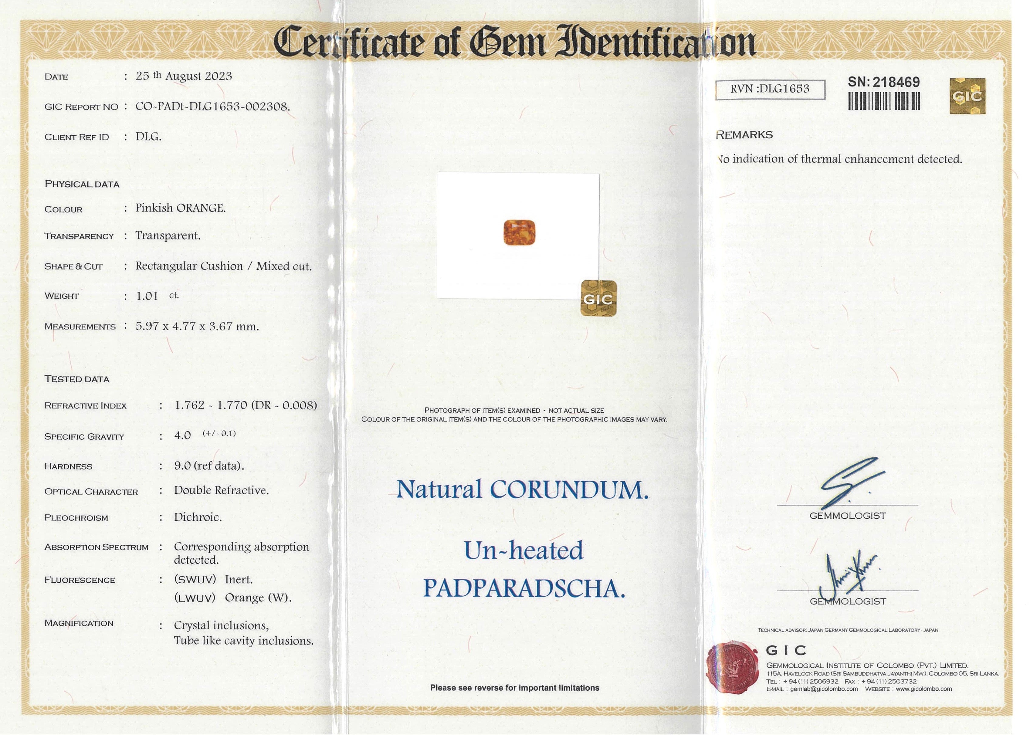 1.01 ct Padparadscha Sunset Sapphire Cushion Natural Unheated