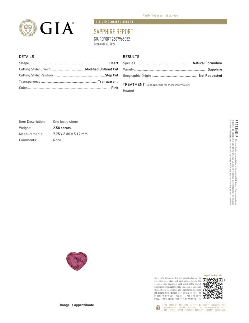 2.58 ct Vivid Pink Sapphire Heart GIA Certified Heated Ceylon