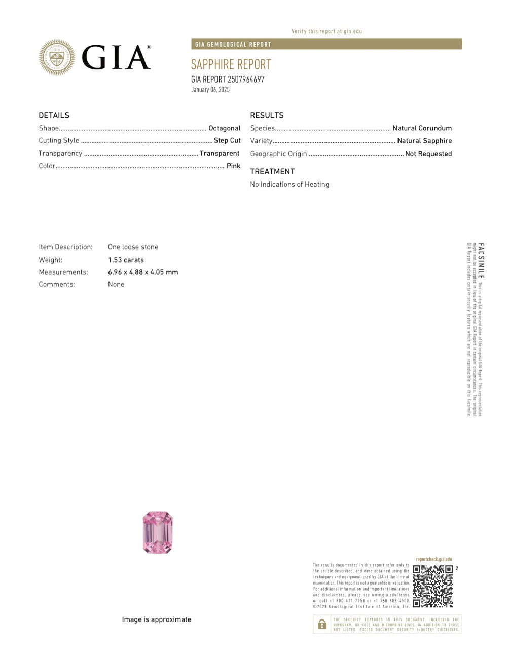 1.53 ct Pink Sapphire Emerald Cut GIA Certified Unheated Gems