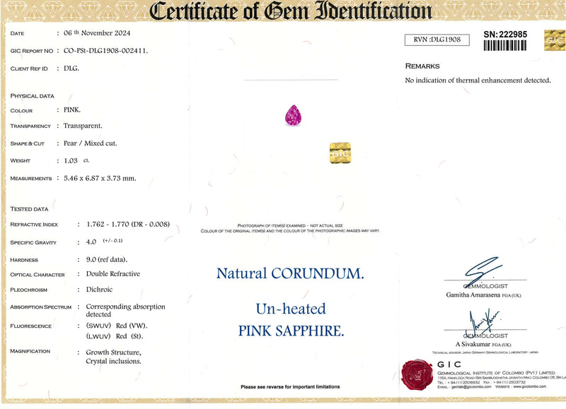 Certificate of authenticity of teardrop shape pink sapphire 