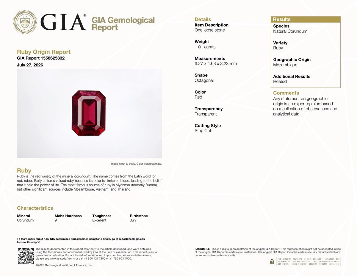 1.01 ct Red Ruby GIA Certified Heated Emerald Cut Gem