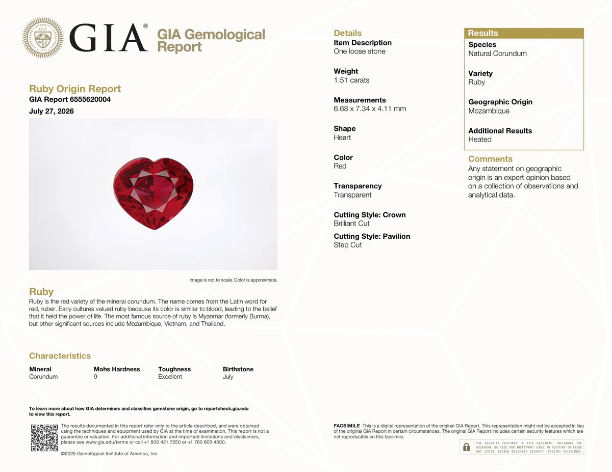 1.51 ct Red Ruby GIA Certified Heated Heart Cut Gemstone