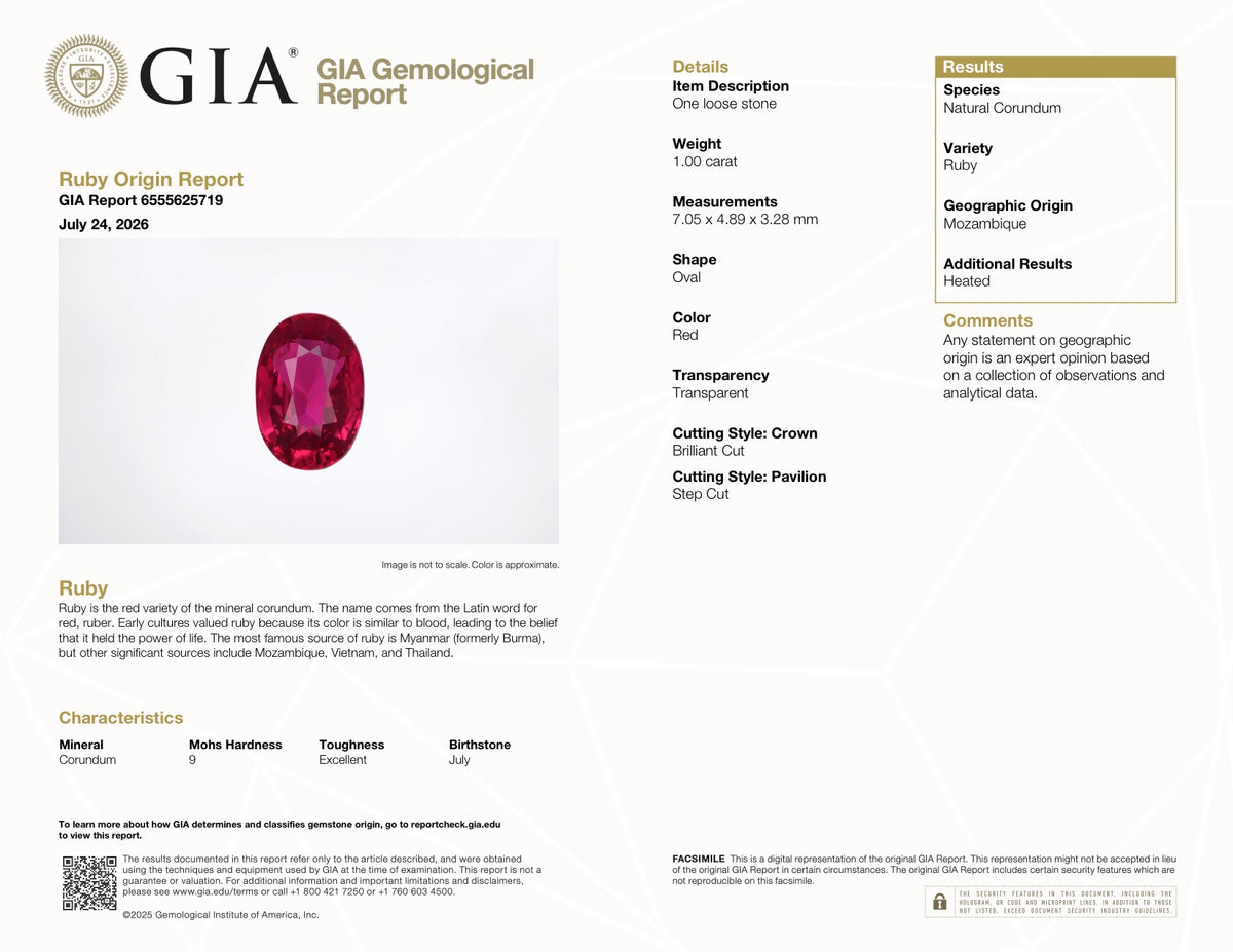1.00 ct Red Ruby GIA Certified Heated Oval Cut Gemstone