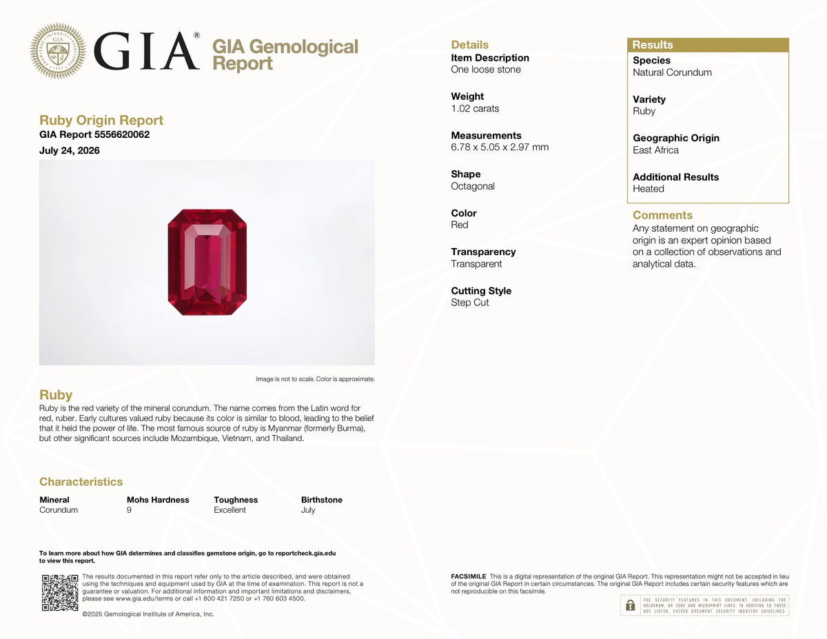 1.02 ct Red Ruby GIA Certified Heated Emerald  Cut Gem