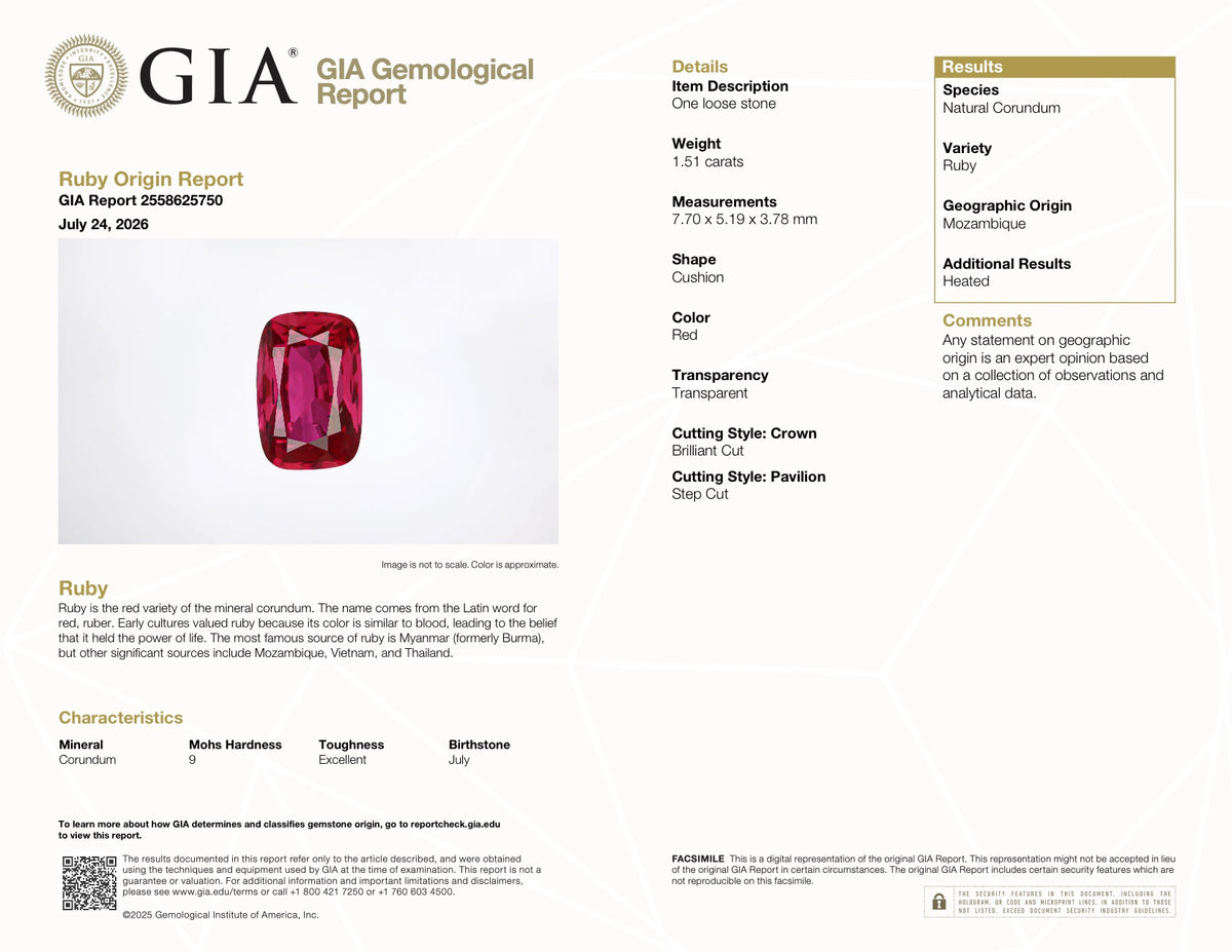 1.51 ct Red Ruby GIA Certified Heated Cushion Cut Gemstone