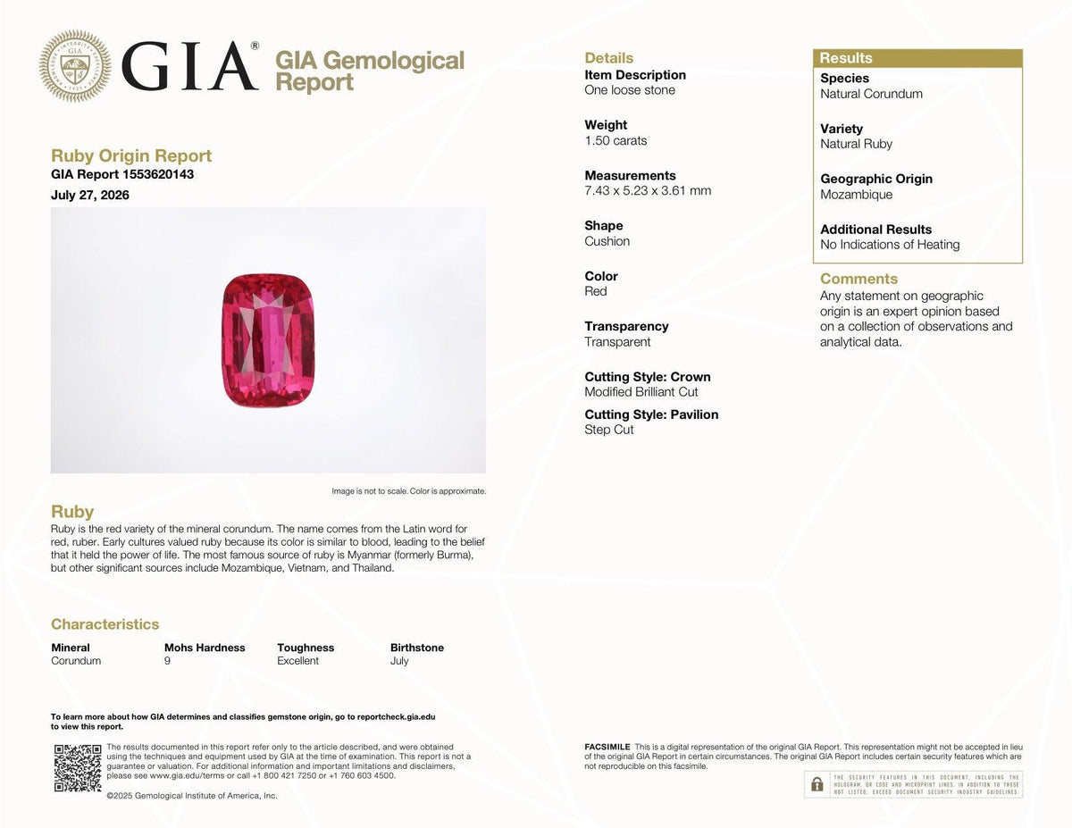 1.50 ct Red Ruby GIA Certified Unheated Cushion Cut Gemstone