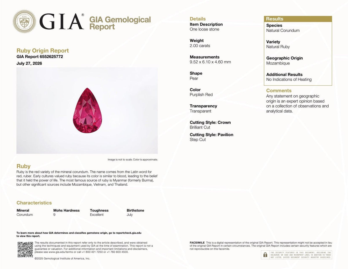 2.00 ct Purplish Red Ruby GIA Certified Unheated Pear Cut Gem